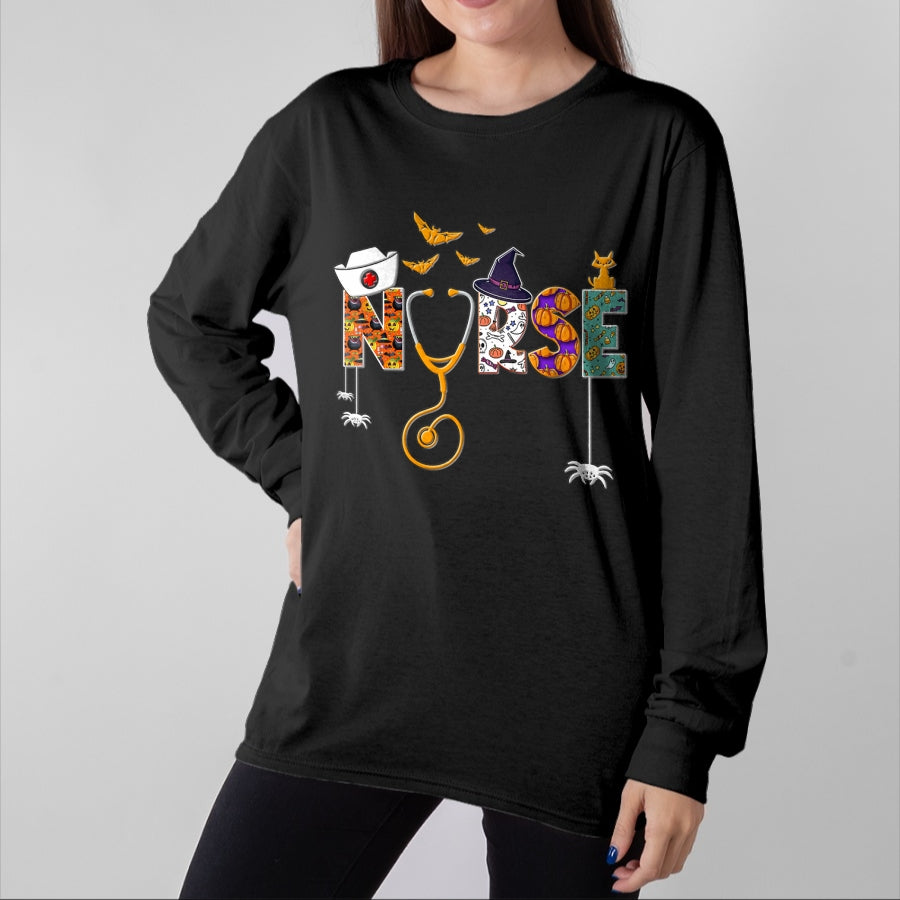 Funny Nurse Shirt, Nurse Unisex T-Shirt/Hoodie/Sweatshirt HLT00 - Halloween Nurse Nursing Cute Health Worker Halloween Pattern T-Shirt
