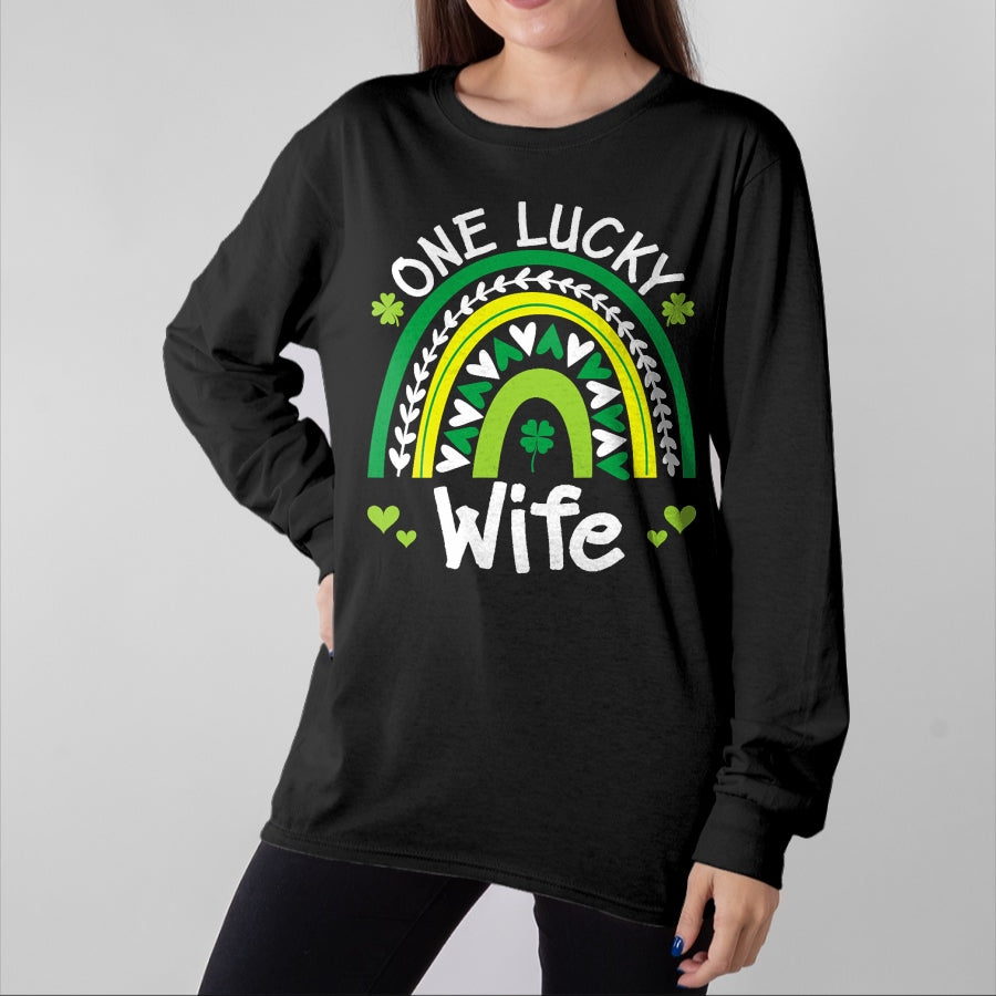 Best Wife Shirt, Wife and Husband Unisex T-Shirt/Hoodie/Sweatshirt HLT00 - Gift for wife T shirt, lucky wife Womens One Lucky Wife Boho Rainbow St Patricks Day Shamrock Tank (1)