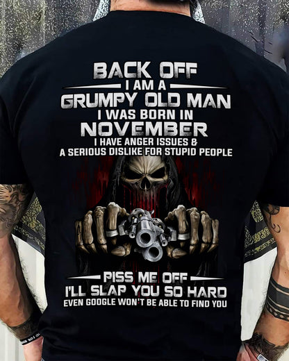 November - Grumpy Old Man T-Shirt – Funny Skull Gun Graphic Tee for Men - HLT11 (SKU09-109-11)