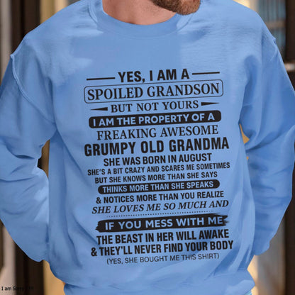 Yes I’m A Stubborn Grandson T-Shirt – Birthday Gift From August Grandma / Woman - kien08 (SKU10-171-08)