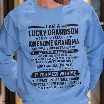 I Am A Lucky Grandson T-Shirt – Birthday Gift From February Grandma / Woman - kien02 (SKU11-29-02)