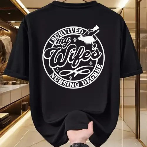 Funny Nurse Shirt, Nurse Unisex T-Shirt/Hoodie/Sweatshirt HLT00 - I Survived My Wife's Nursing Degree Nurse - RN Graduation Premium T-Shirt