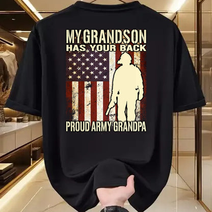 Best Grandpa Shirt, Proud Grandpa Unisex T-Shirt/Hoodie/Sweatshirt HLT00 - My Grandson Has Your Back - US Flag Proud Army Grandpa Gift Long Sleeve T-Shirt