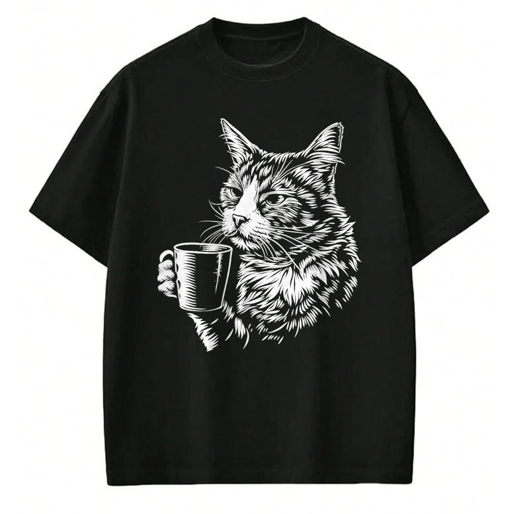 Cat Love Shirt, Funny Cat Lover Gift UnisexT-Shirt/Hoodie/Sweatshirt HLT00 - Cat Drinking Coffee Lover Barista Funny Animal Tired Cat T-Shirt