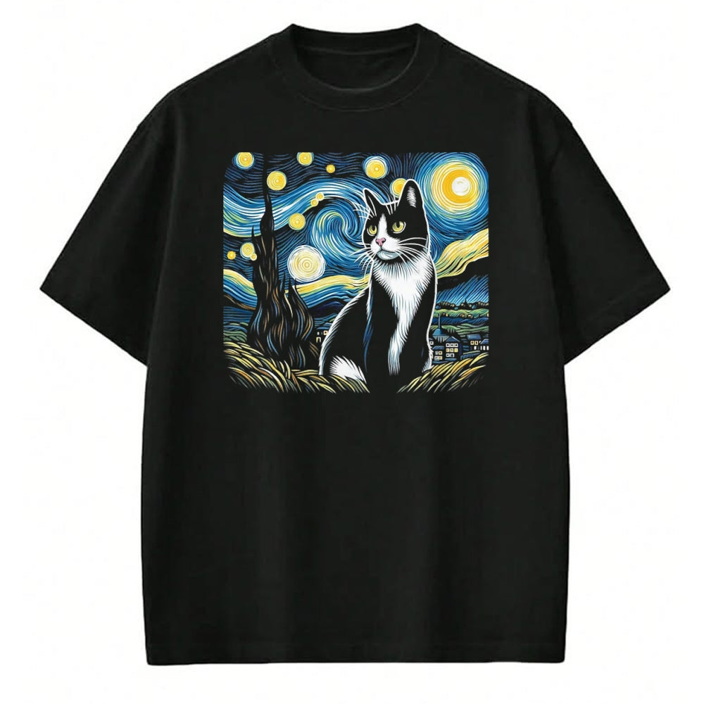 Cat Love Shirt, Funny Cat Lover Gift UnisexT-Shirt/Hoodie/Sweatshirt HLT00 - Tuxedo Cat Starry Night Painting Tuxedo Cat Owner T-Shirt, Men, Black, 3X-Large