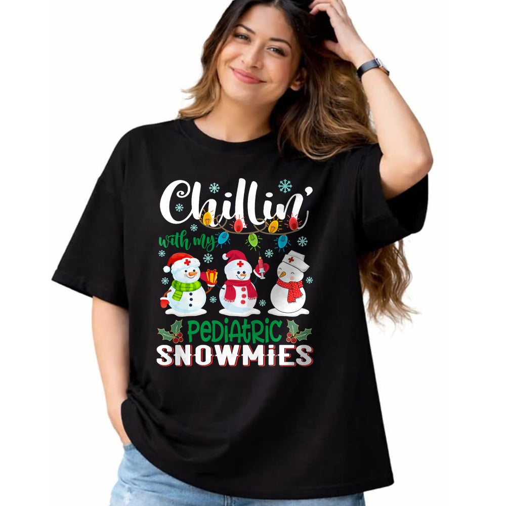 Funny Nurse Shirt, Nurse Unisex T-Shirt/Hoodie/Sweatshirt HLT00 - Chillin With My Pediatric Snowmies Nurse Light Christmas T-Shirt