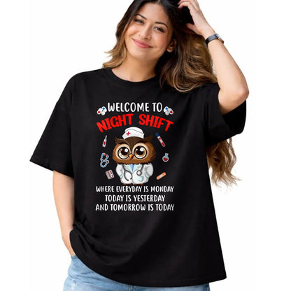 Funny Nurse Shirt, Nurse Unisex T-Shirt/Hoodie/Sweatshirt HLT00 - Owl Night Shift Funny Nurse Nursing Rn Lpn Cna For Men Women T-Shirt