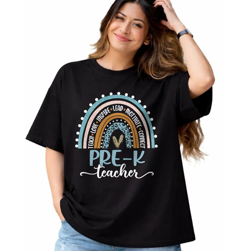Best Teacher Shirt, Funny Teacher UnisexT-Shirt/Hoodie/Sweatshirt HLT00 - Pre-K Teacher Leopard Boho Rainbow Back to School T-Shirt