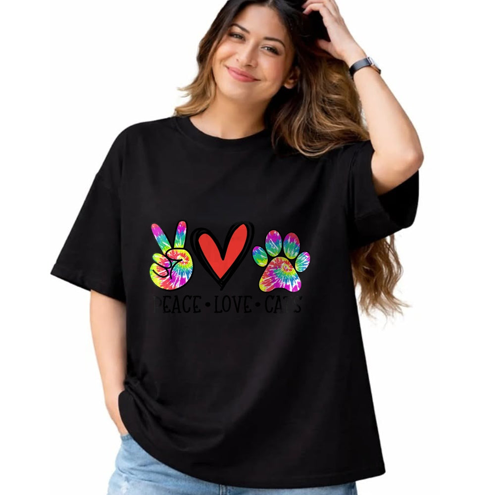 Cat Love Shirt, Funny Cat Lover Gift UnisexT-Shirt/Hoodie/Sweatshirt HLT00 - Peace Love Cats Paws Tie Dye Rainbow Animal Rescue Womens T-Shirt (1)