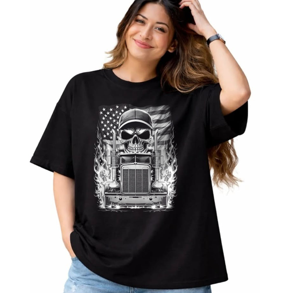 Best Truck Driver Life Shirt, Funny Trucker UnisexT-Shirt/Hoodie/Sweatshirt HLT00 - Trucker Patriotic American Flag Semi Truck Driver Skull T-Shirt (2)