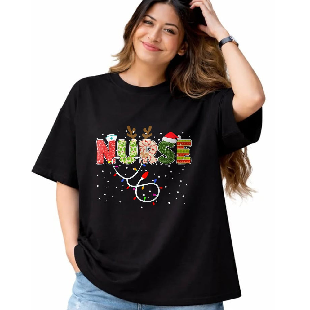 Funny Nurse Shirt, Nurse Unisex T-Shirt/Hoodie/Sweatshirt HLT00 - Stethoscope Santa Hat Reindeer Xmas Christmas Nurse T-Shirt