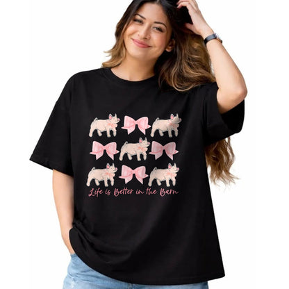 Best Farmer Life Shirt, Funny Farmer UnisexT-Shirt/Hoodie/Sweatshirt HLT00 - Coquette Bow Show Pig Livestock Pig Breeder Stock Show Mom T-Shirt