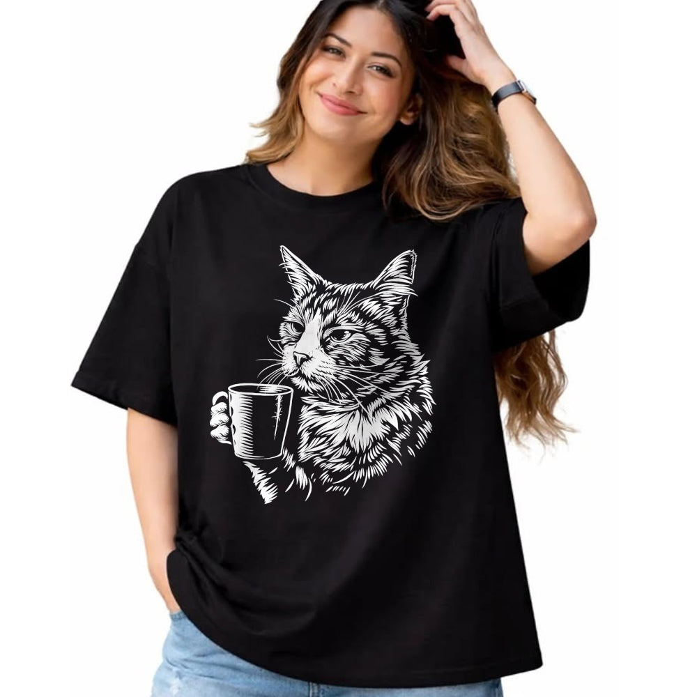 Cat Love Shirt, Funny Cat Lover Gift UnisexT-Shirt/Hoodie/Sweatshirt HLT00 - Cat Drinking Coffee Lover Barista Funny Animal Tired Cat T-Shirt