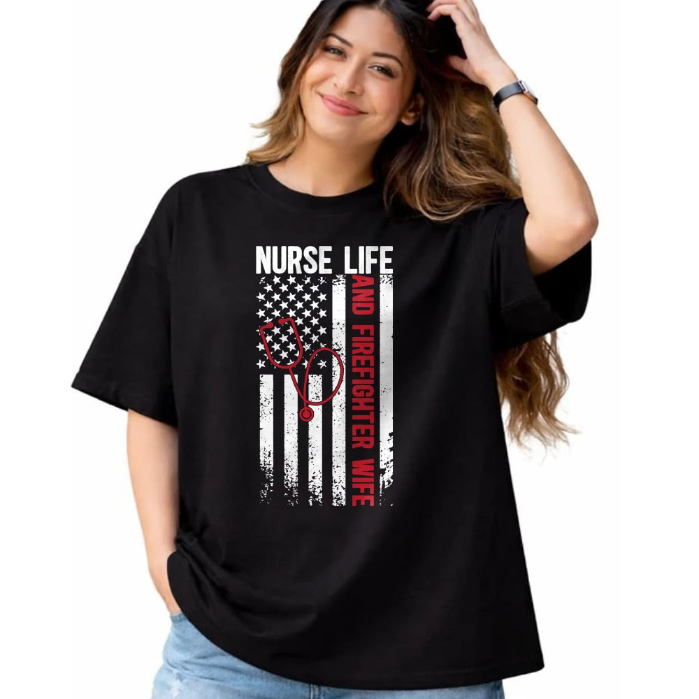 Funny Nurse Shirt, Nurse Unisex T-Shirt/Hoodie/Sweatshirt HLT00 - Nurse Life And Firefighter Wife Nurse Fire Wife Nurse Long Sleeve T-Shirt