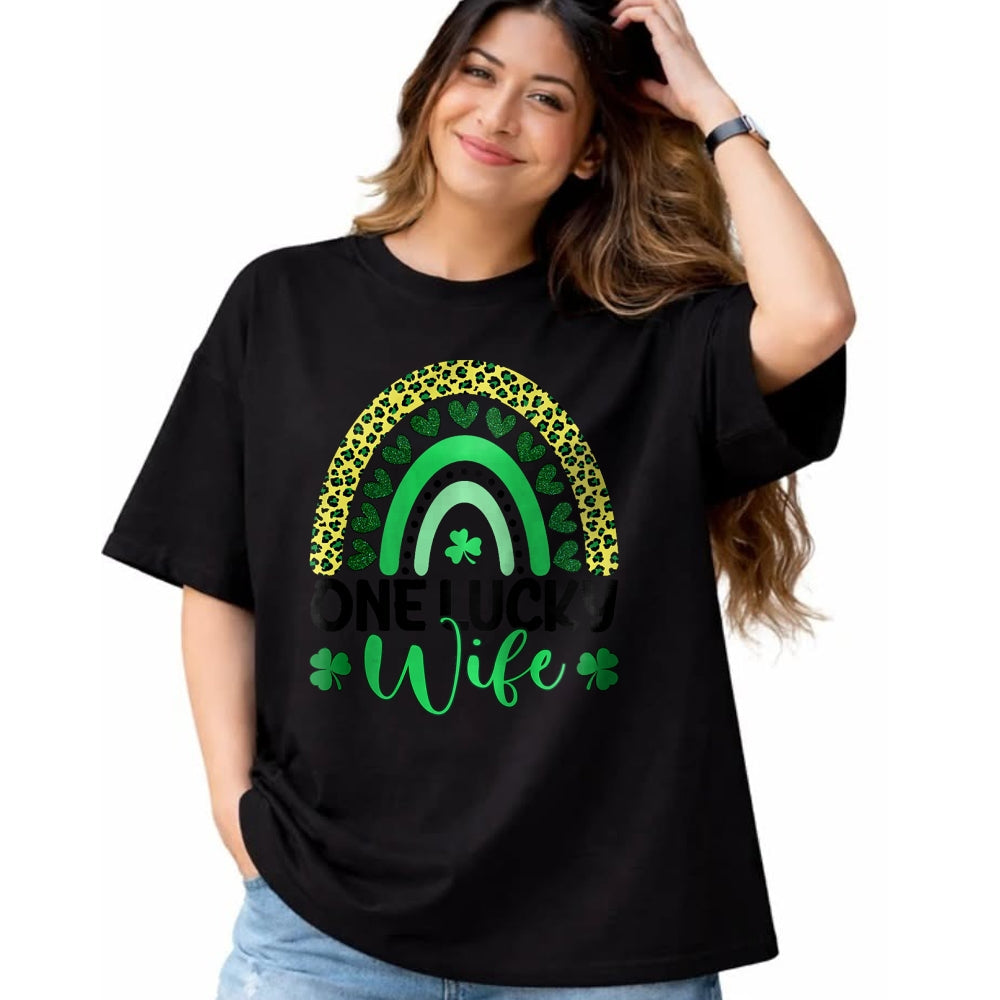 Best Wife Shirt, Wife and Husband Unisex T-Shirt/Hoodie/Sweatshirt HLT00 - Gift for wife T shirt, lucky wife   Womens One Lucky Wife Leopard Rainbow Saint Patrick's Day Raglan