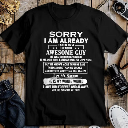 Best Wife Shirt, Wife and Husband Unisex T-Shirt/Hoodie/Sweatshirt HLT00 - I'm Taken By A Freaking Awesome Guy He Was Born In November T-Shirt (1)