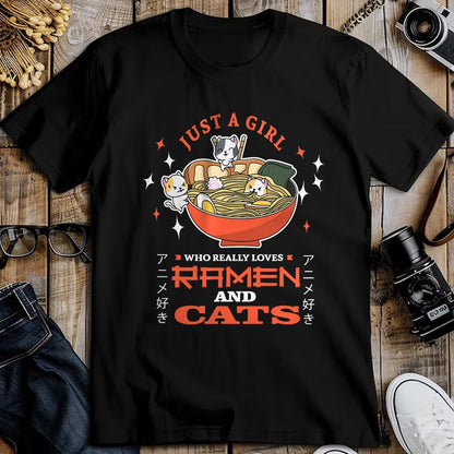 Cat Love Shirt, Funny Cat Lover Gift UnisexT-Shirt/Hoodie/Sweatshirt HLT00 - Just a girl who really loves Ramen and cats Design T-Shirt (1)