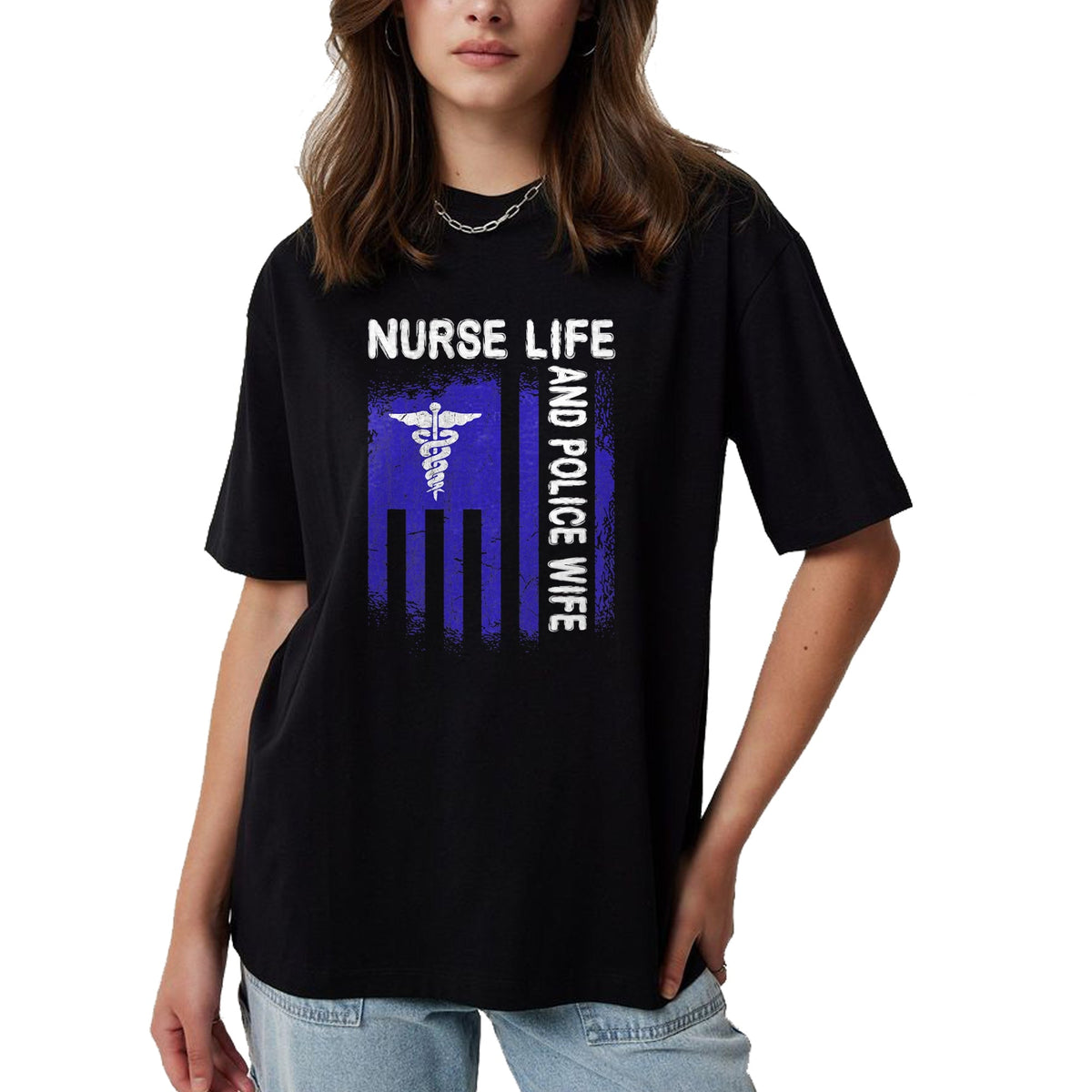 Funny Nurse Shirt, Nurse Unisex T-Shirt/Hoodie/Sweatshirt HLT00 - Nurse Life And Police Wife Flag American For Nurse & Police T-Shirt