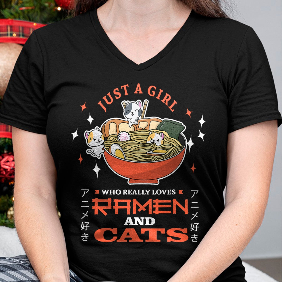 Cat Love Shirt, Funny Cat Lover Gift UnisexT-Shirt/Hoodie/Sweatshirt HLT00 - Just a girl who really loves Ramen and cats Design T-Shirt (1)
