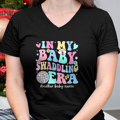 Funny Nurse Shirt, Nurse Unisex T-Shirt/Hoodie/Sweatshirt HLT00 - In My Baby Swaddling Era Mother Baby Nurse Postpartum Groovy T-Shirt