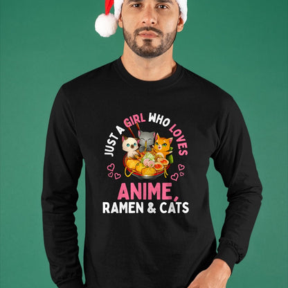 Cat Love Shirt, Funny Cat Lover Gift UnisexT-Shirt/Hoodie/Sweatshirt HLT00 - Just a Girl Who Loves Anime Ramen and Cats Kawaii Manga Gift Long Sleeve T-Shirt