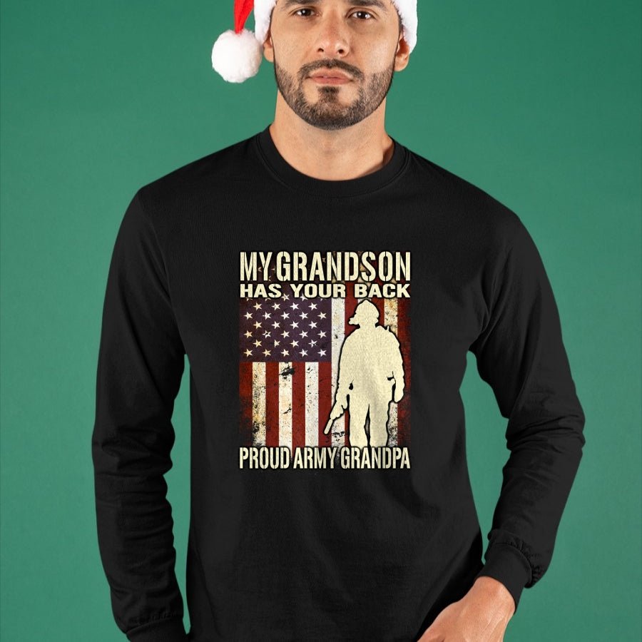 Best Grandpa Shirt, Proud Grandpa Unisex T-Shirt/Hoodie/Sweatshirt HLT00 - My Grandson Has Your Back - US Flag Proud Army Grandpa Gift Long Sleeve T-Shirt