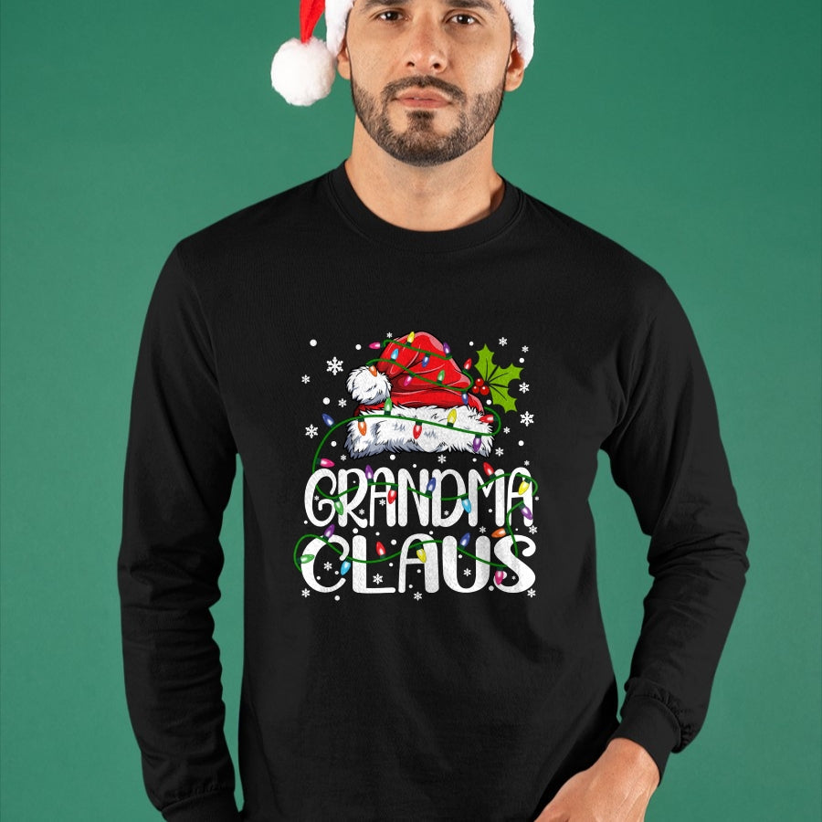 Best Grandma Shirt, Proud Grandma Unisex T-Shirt/Hoodie/Sweatshirt HLT00 - Grandma Claus Christmas Lights Pajama Family Matching Long Sleeve T-Shirt