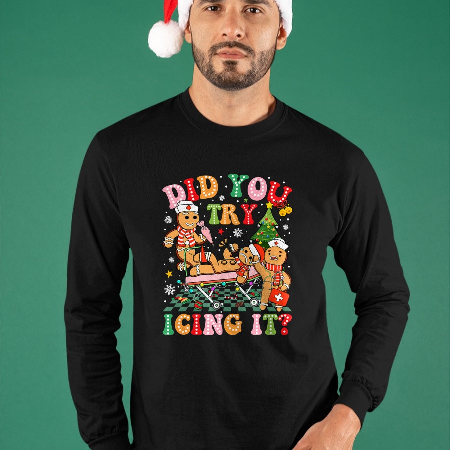 Funny Nurse Shirt, Nurse Unisex T-Shirt/Hoodie/Sweatshirt HLT00 - Retro ICU Nurse Christmas Gingerbread Did You Try Icing It T-Shirt (1)