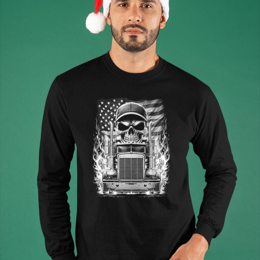 Best Truck Driver Life Shirt, Funny Trucker UnisexT-Shirt/Hoodie/Sweatshirt HLT00 - Trucker Patriotic American Flag Semi Truck Driver Skull T-Shirt