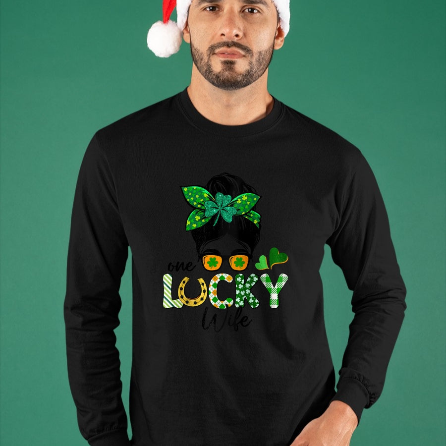 Best Wife Shirt, Wife and Husband Unisex T-Shirt/Hoodie/Sweatshirt HLT00 - Gift for wife T shirt, lucky wife   Womens One Lucky Wife Messy Bun Irish St Patricks Day Shamrock R