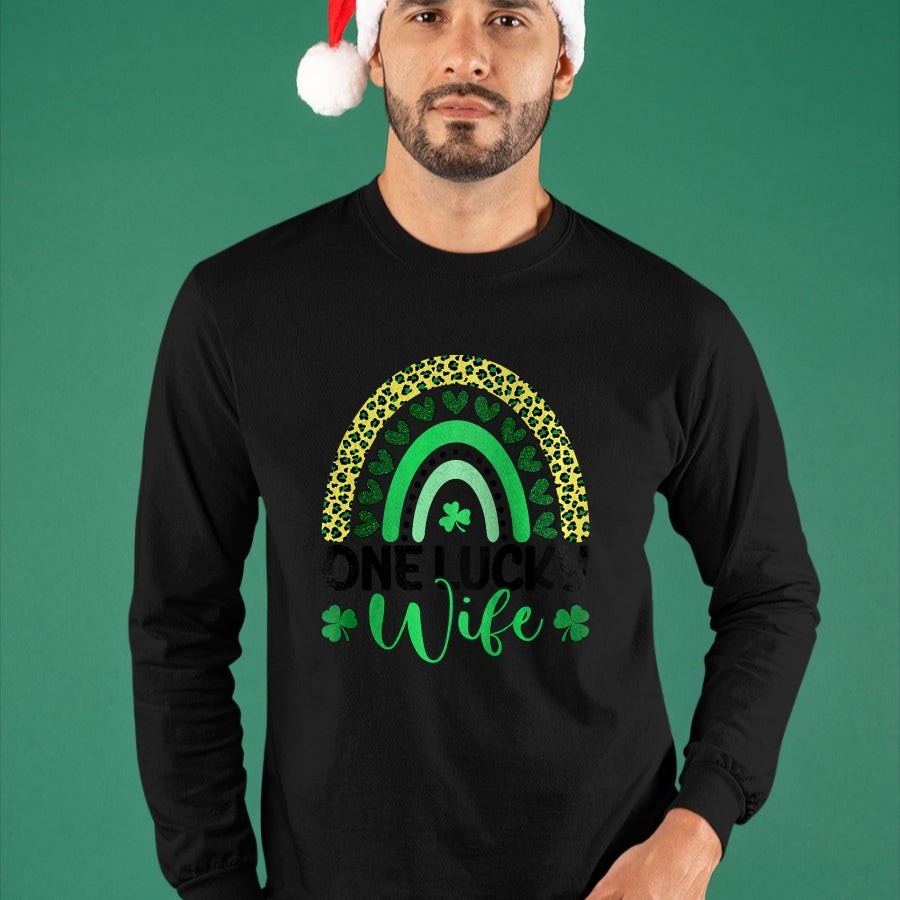 Best Wife Shirt, Wife and Husband Unisex T-Shirt/Hoodie/Sweatshirt HLT00 - Gift for wife T shirt, lucky wife   Womens One Lucky Wife Leopard Rainbow Saint Patrick's Day Raglan