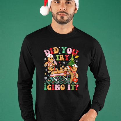 Funny Nurse Shirt, Nurse Unisex T-Shirt/Hoodie/Sweatshirt HLT00 - Retro ICU Nurse Christmas Gingerbread Did You Try Icing It T-Shirt (1)