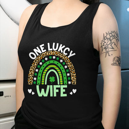 Best Wife Shirt, Wife and Husband Unisex T-Shirt/Hoodie/Sweatshirt HLT00 - Gift for wife T shirt, lucky wife   Womens One Lucky Wife Leopard Rainbow Saint Patrick's Day Tank T (1)