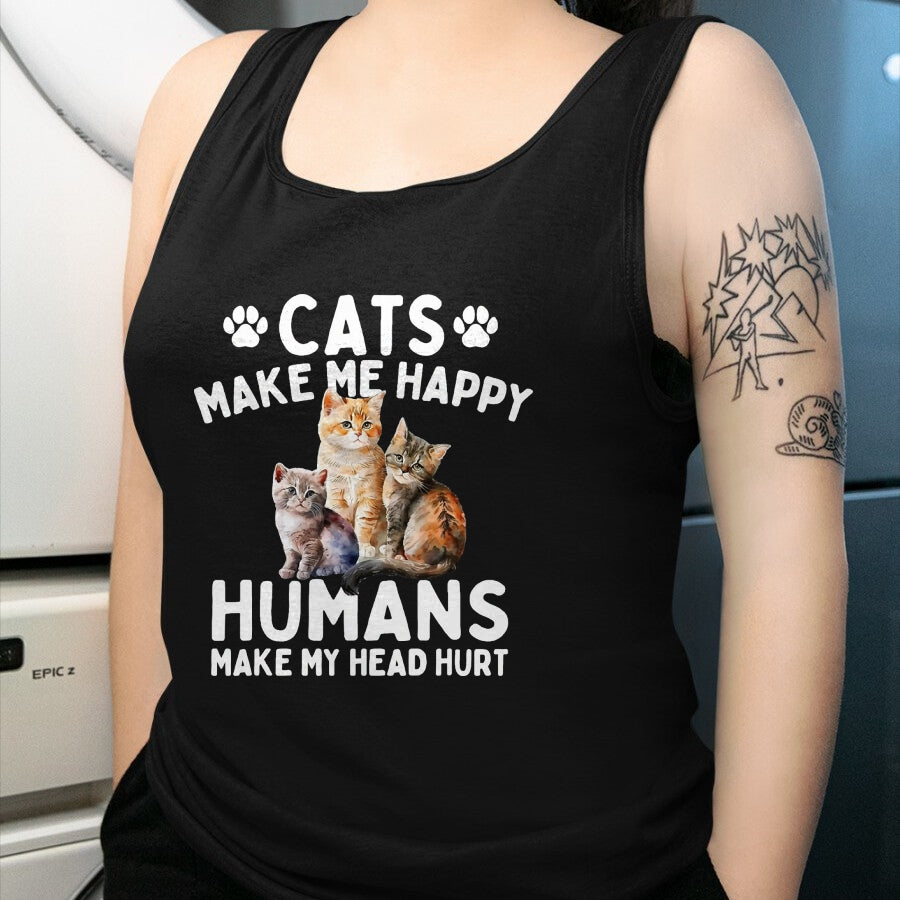 Cat Love Shirt, Funny Cat Lover Gift UnisexT-Shirt/Hoodie/Sweatshirt HLT00 - Cats Make Me Happy Humans Make My Head Hurt - Cat Lover T-Shirt, Men, Black, 3X-Large