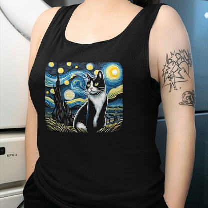 Cat Love Shirt, Funny Cat Lover Gift UnisexT-Shirt/Hoodie/Sweatshirt HLT00 - Tuxedo Cat Starry Night Painting Tuxedo Cat Owner T-Shirt, Men, Black, 3X-Large