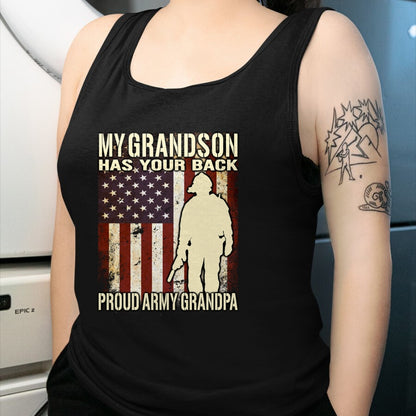 Best Grandpa Shirt, Proud Grandpa Unisex T-Shirt/Hoodie/Sweatshirt HLT00 - My Grandson Has Your Back - US Flag Proud Army Grandpa Gift Long Sleeve T-Shirt