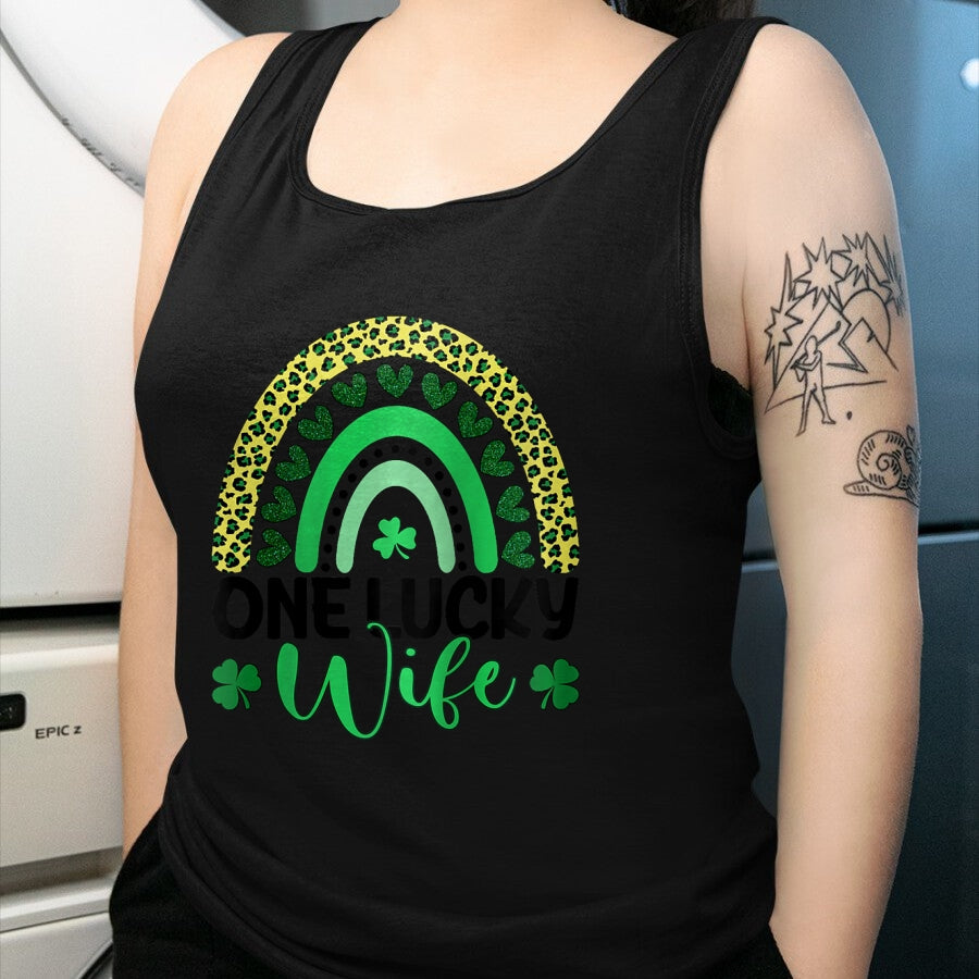 Best Wife Shirt, Wife and Husband Unisex T-Shirt/Hoodie/Sweatshirt HLT00 - Gift for wife T shirt, lucky wife   Womens One Lucky Wife Leopard Rainbow Saint Patrick's Day Raglan