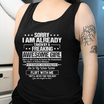 Best Wife Shirt, Wife and Husband Unisex T-Shirt/Hoodie/Sweatshirt HLT00 - Sorry I'm Already Taken by a Freaking Awesome Girl Husband T-Shirt