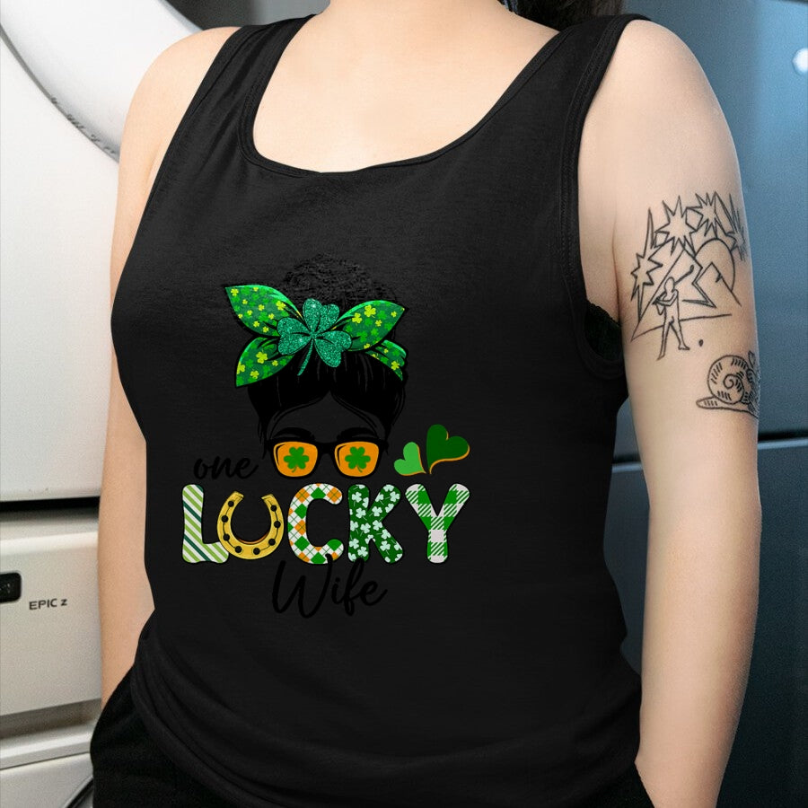 Best Wife Shirt, Wife and Husband Unisex T-Shirt/Hoodie/Sweatshirt HLT00 - Gift for wife T shirt, lucky wife   One Lucky Wife Messy Bun Irish St Patricks Day Shamrock T-Shirt