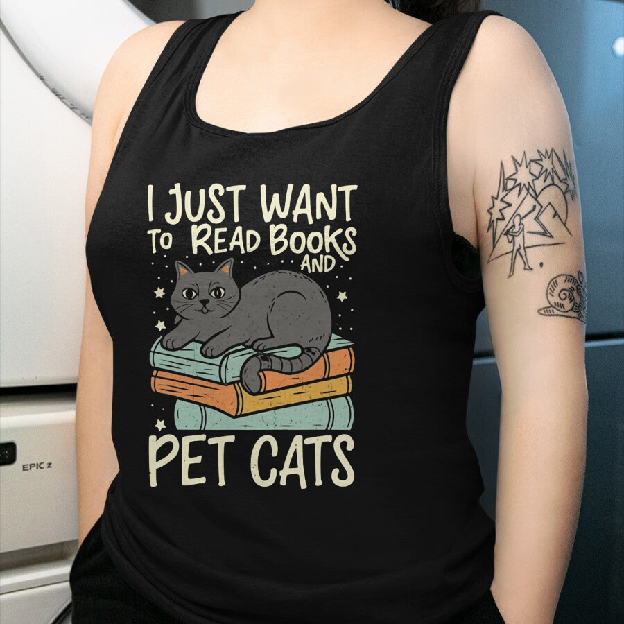 Cat Love Shirt, Funny Cat Lover Gift UnisexT-Shirt/Hoodie/Sweatshirt HLT00 - Retro I Just Want to Read Books and Pet Cats Cat T-Shirt