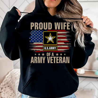 Proud Veteran Shirt, Funny Veteran UnisexT-Shirt/Hoodie/Sweatshirt HLT00 - Vintage Proud Wife of A Army Veteran with American Flag T-Shirt