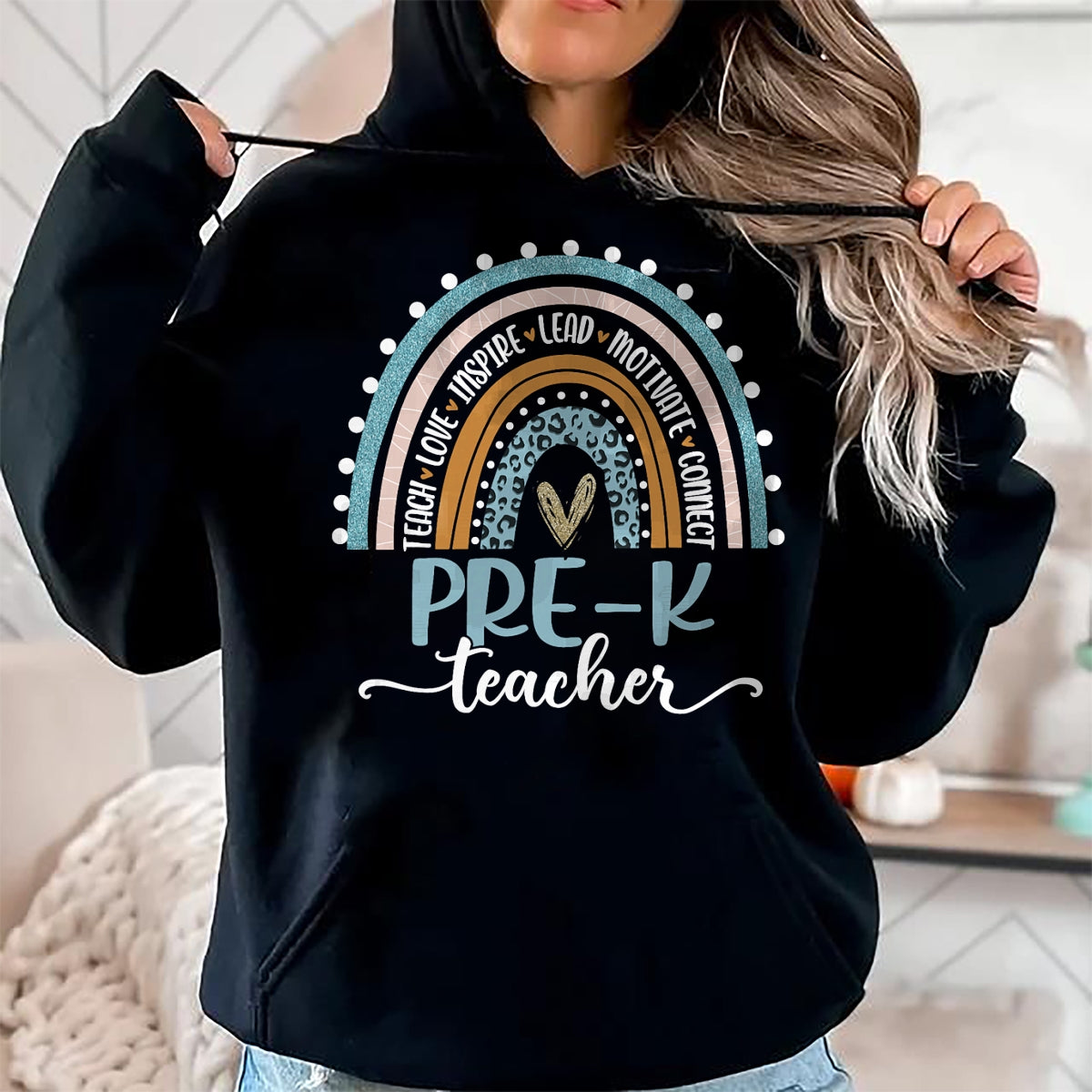 Best Teacher Shirt, Funny Teacher UnisexT-Shirt/Hoodie/Sweatshirt HLT00 - Pre-K Teacher Leopard Boho Rainbow Back to School T-Shirt