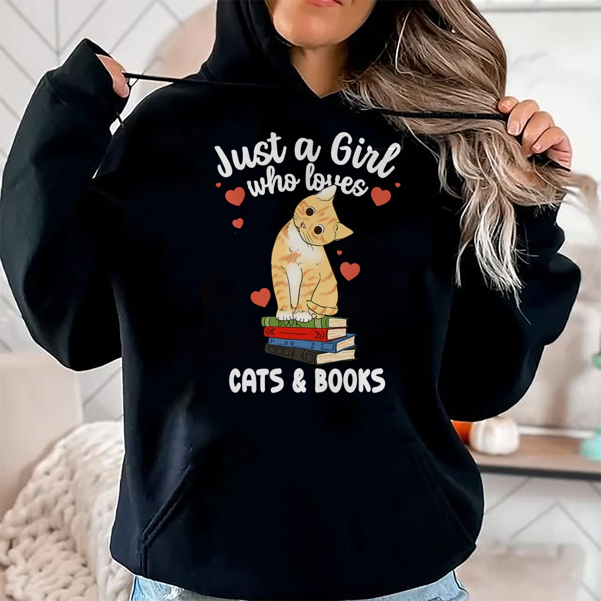 Cat Love Shirt, Funny Cat Lover Gift UnisexT-Shirt/Hoodie/Sweatshirt HLT00 - Just a Girl Who Loves Cats and Books Reading Cat & Bookworm T-Shirt