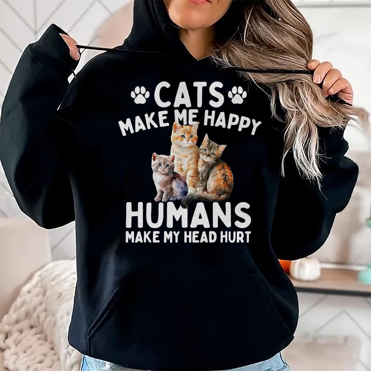 Cat Love Shirt, Funny Cat Lover Gift UnisexT-Shirt/Hoodie/Sweatshirt HLT00 - Cats Make Me Happy Humans Make My Head Hurt - Cat Lover T-Shirt, Men, Black, 3X-Large