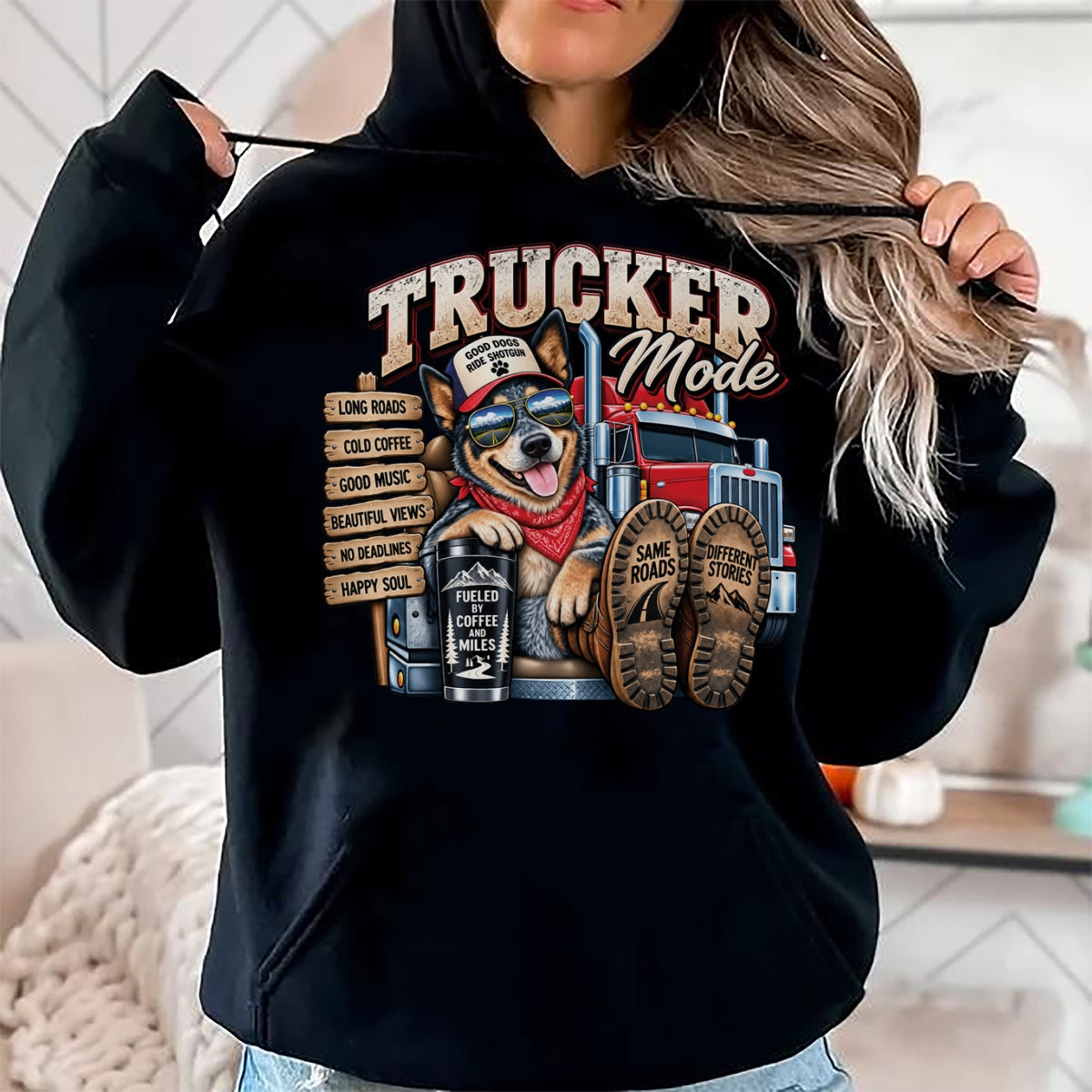 Best Truck Driver Life Shirt, Funny Trucker UnisexT-Shirt/Hoodie/Sweatshirt HLT00 - Funny Trucker Blue Heeler Dog Semi Truck Driver Humor Design Long Sleeve T-Shirt