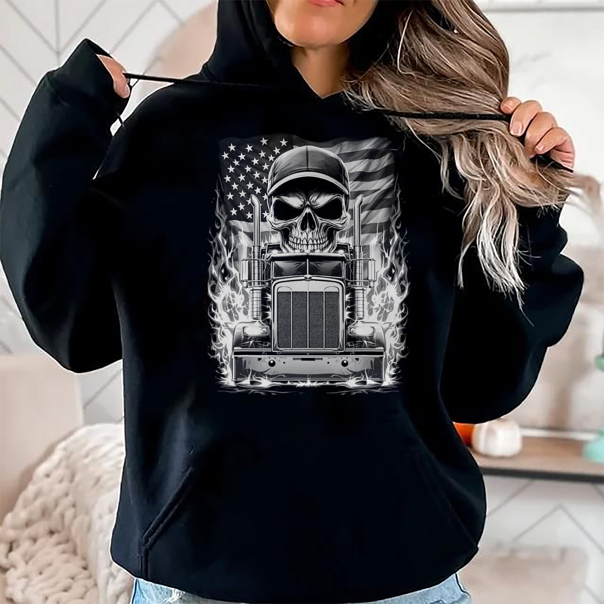 Best Truck Driver Life Shirt, Funny Trucker UnisexT-Shirt/Hoodie/Sweatshirt HLT00 - Trucker Patriotic American Flag Semi Truck Driver Skull T-Shirt (2)