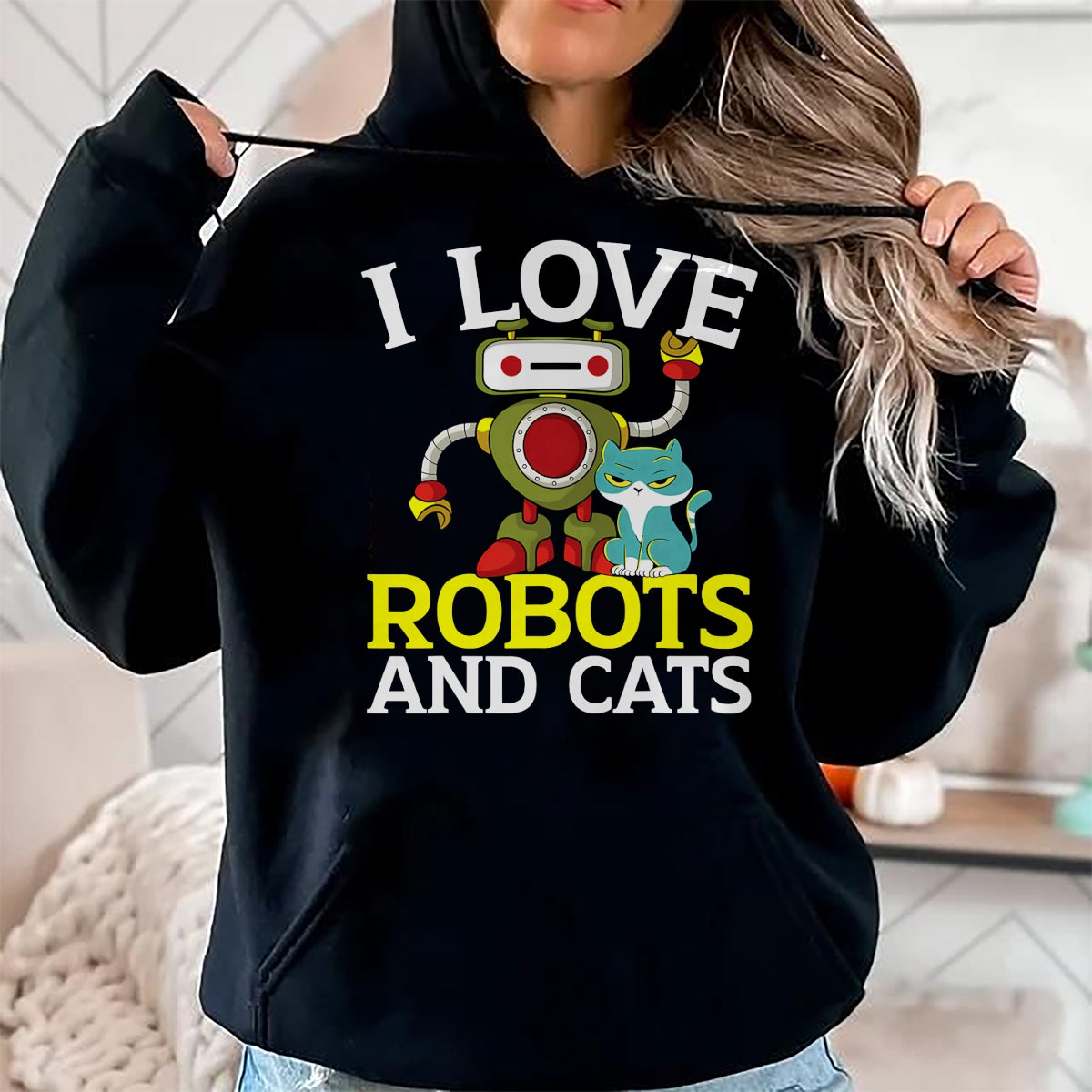 Cat Love Shirt, Funny Cat Lover Gift UnisexT-Shirt/Hoodie/Sweatshirt HLT00 - I Love Robots and Cats Lover Robotics Engineer Engineering T-Shirt
