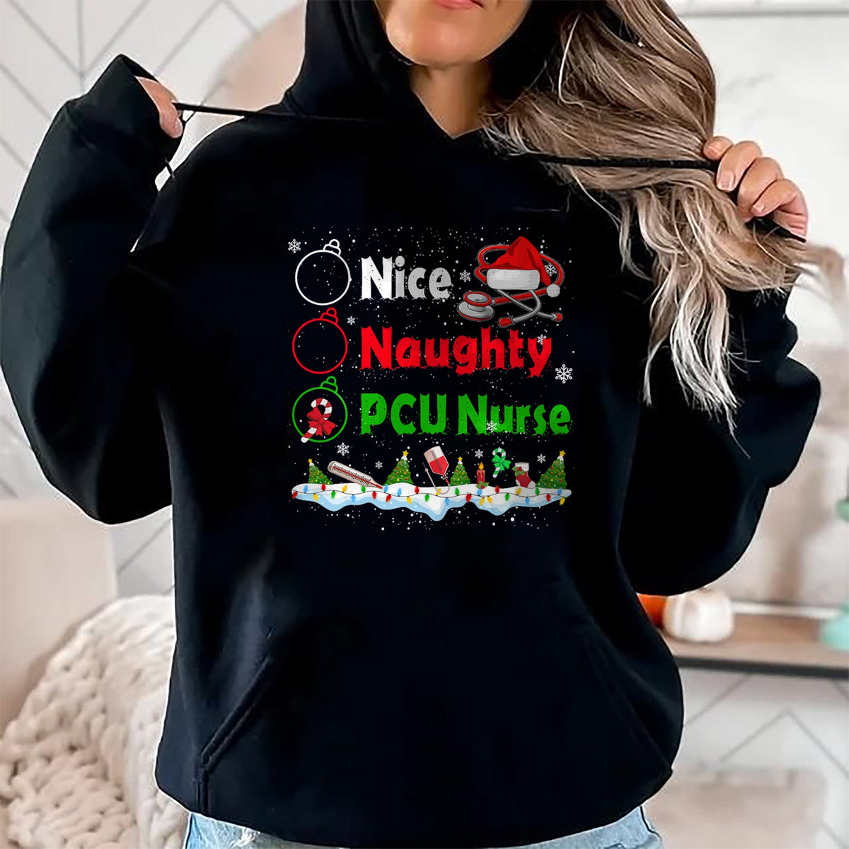 Funny Nurse Shirt, Nurse Unisex T-Shirt/Hoodie/Sweatshirt HLT00 - Funny Christmas Nice Naughty PCU Nurse T-Shirt