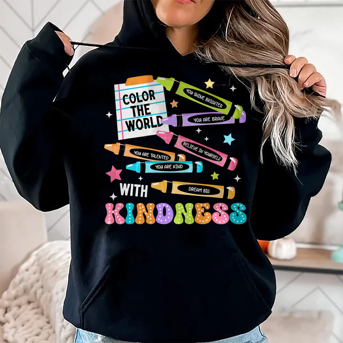 Best Teacher Shirt, Funny Teacher UnisexT-Shirt/Hoodie/Sweatshirt HLT00 - Color The World with Kindness Crayon Positivity Teacher T-Shirt