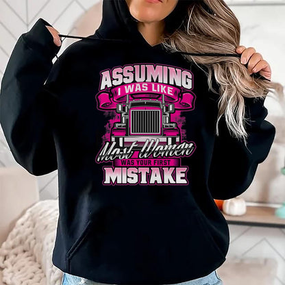 Best Truck Driver Life Shirt, Funny Trucker UnisexT-Shirt/Hoodie/Sweatshirt HLT00 - First Mistake - Female Semi Truck Driver Trucker Trucking T-Shirt